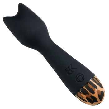 Streamlined mini-wand vibrator SEX KITTEN with cat-shaped head and leopard-print handle in black silicone on white background